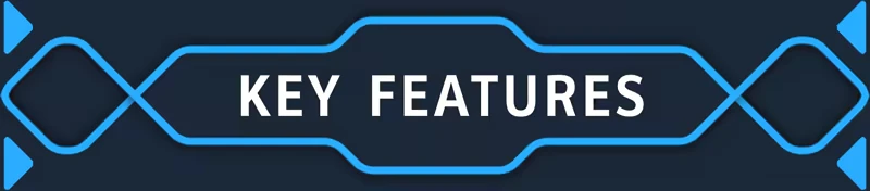 Mini Tank Mayhem: "Key Features" text in bold, white on a dark background with blue accents.