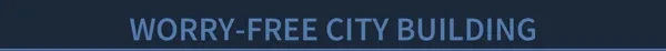 Worry Free Building – miniopolis miniopolis: Blue banner with large uppercase text “WORRY-FREE CITY BUILDING”.