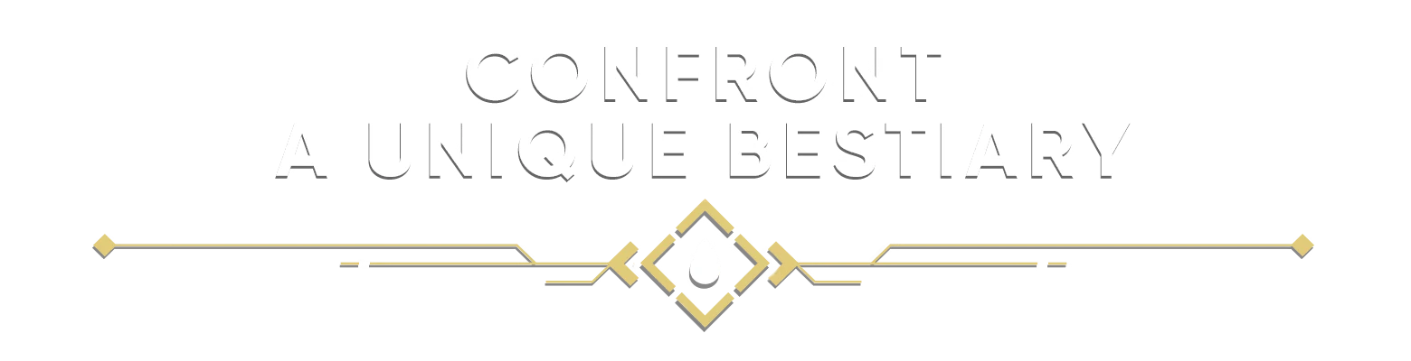 MIO: Bold white text reads "CONFRONT A UNIQUE BESTIARY" with gold geometric accents.