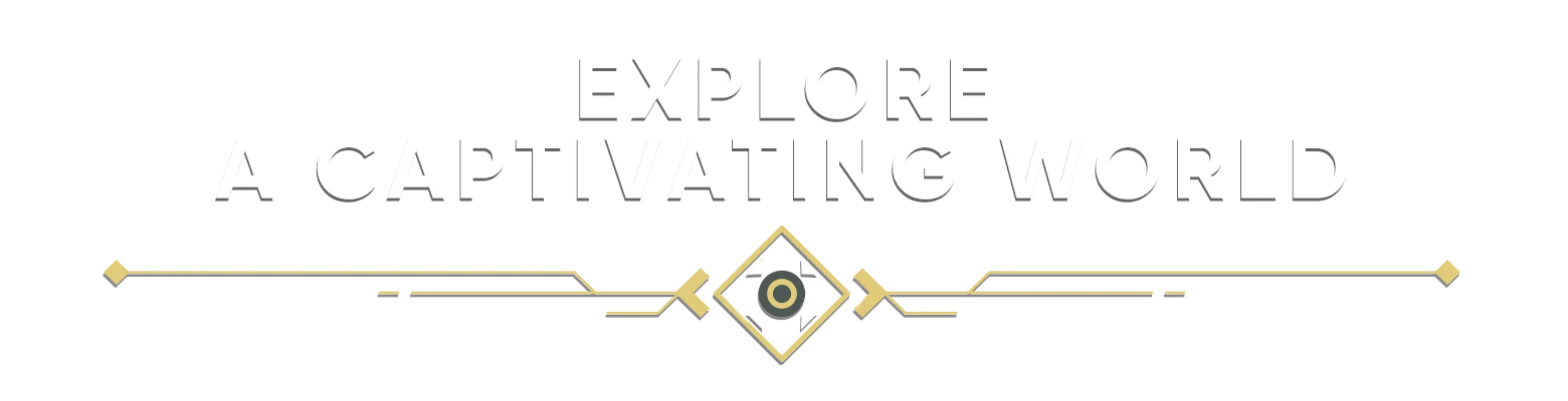 MIO: "Explore a Captivating World" text in bold white with gold geometric line design.