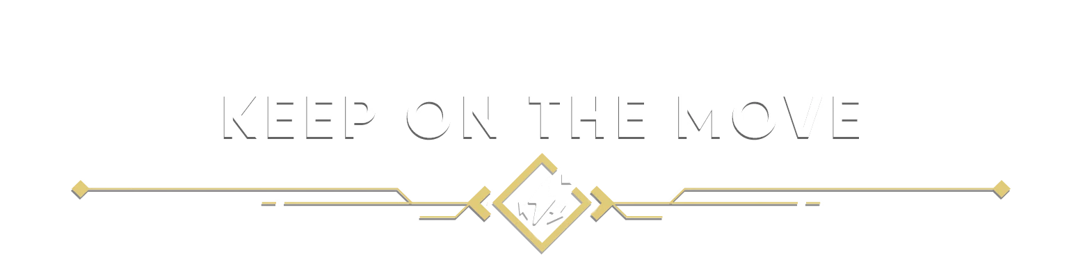 MIO: Bold white text "KEEP ON THE MOVE" with gold geometric accents and a lightning bolt icon.