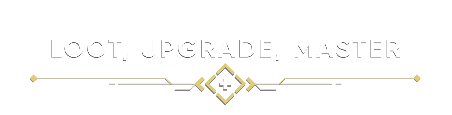 MIO: "LOOT, UPGRADE, MASTER" in bold white text with gold geometric accents below.