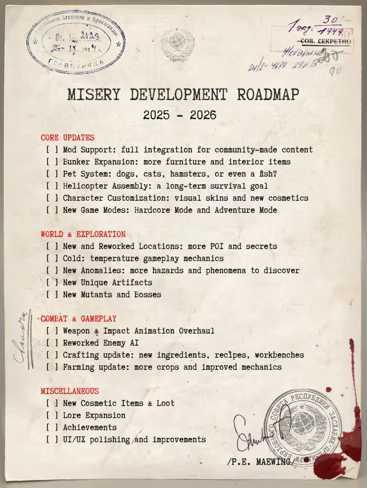 MISERY: Development roadmap 2025-2026 with core updates, combat, and miscellaneous sections.