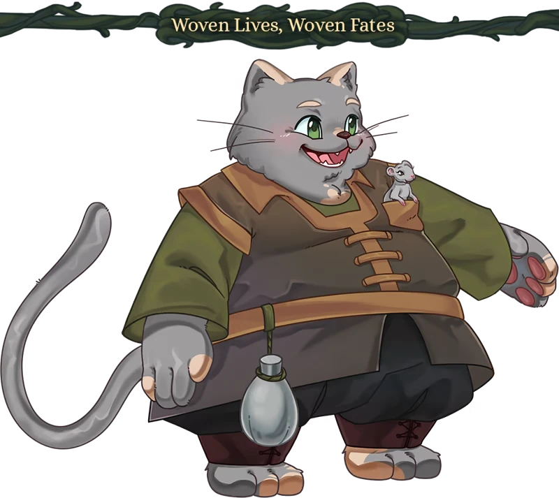 Misspell: A smiling cat character with a mouse in its pocket, text reads "Woven Lives, Woven Fates."