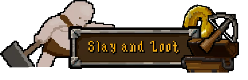 Mistaken: Pixelated figure with axe, "Slay and Loot" text, gold coin, crossbow, and chest.