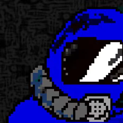 MOCHI-O: Pixelated blue helmet with a reflective visor and gray collar on a dark patterned background.