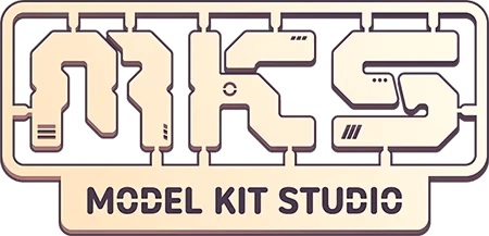 Model Kit Studio: Stylized MKS logo on model sprue frame, with “MODEL KIT STUDIO” text.