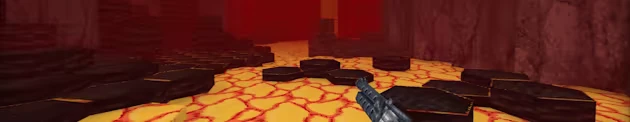 Lava Platforms – Mohrta Mohrta: A gun aims at hexagonal platforms over a lava floor in a red cavernous environment.
