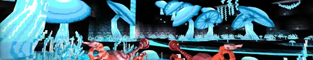 Mushroom Forest – Mohrta Mohrta: Vibrant blue mushrooms tower over a red scorpion-like creature in a pixelated cave.
