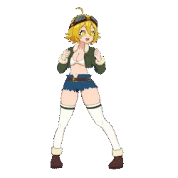 MOMO Crash: Blonde character in aviator goggles, green jacket, shorts, and thigh-high socks.