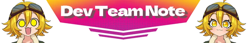 MOMO Crash: Two characters with goggles flank "Dev Team Note" in bold white text on a pink banner.