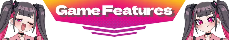 MOMO Crash: Two anime girls with pigtails flank bold "Game Features" text on a pink gradient banner.