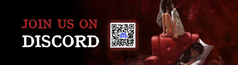 Mona: "JOIN US ON DISCORD" text, QR code, girl on red chair, another sleeping with pillow.