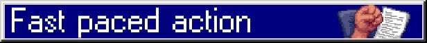 Monday Syndrome: Pixelated text "Fast paced action" with a fist holding paper on blue background.
