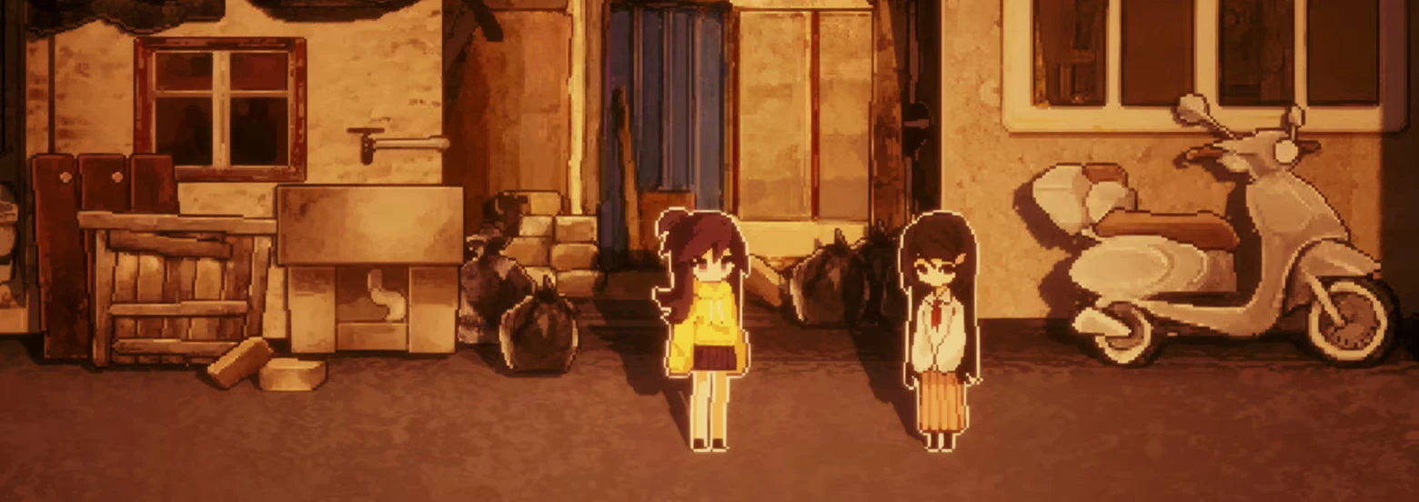 Alleyway Scooter Scene – Money Under the Bed Money Under the Bed: Two pixel girls stand by trash bags, boxes, and a scooter outside a house.