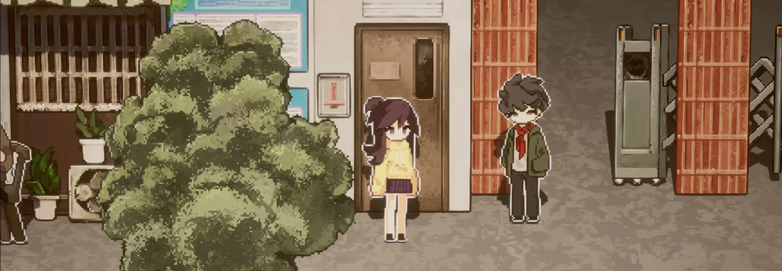 School Hallway Characters – Money Under the Bed Money Under the Bed: Pixel art girl by door, boy near red crates and cart in alley.