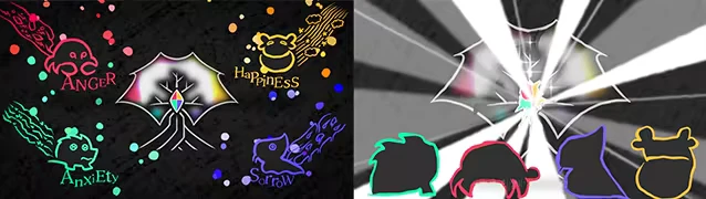 MONOWAVE: Colorful emotions labeled Anger, Anxiety, Happiness, Sorrow around a central crystal.