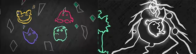 MONOWAVE: Colorful doodles of faces and shapes on left; glowing creature with crystal on right.