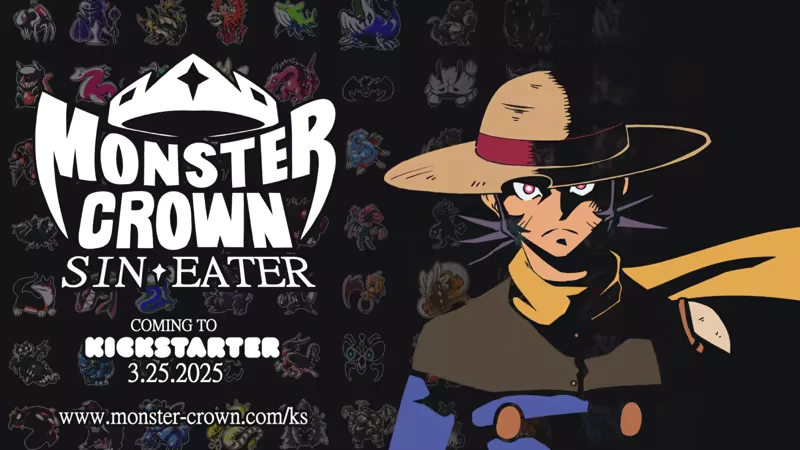 Monster Crown: A character in a wide-brimmed hat with a yellow scarf, text announces Kickstarter.