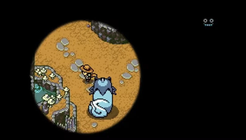 Monster Crown: A character in a hat walks beside a large blue creature on a rocky path.