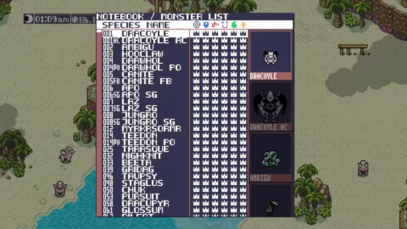 Monster Crown: A notebook shows a monster list with icons and stats, set on a beach background.