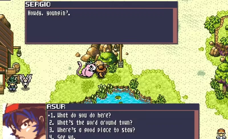 Monster Crown: Sergio greets Asur by a pond, with dialogue options displayed below.