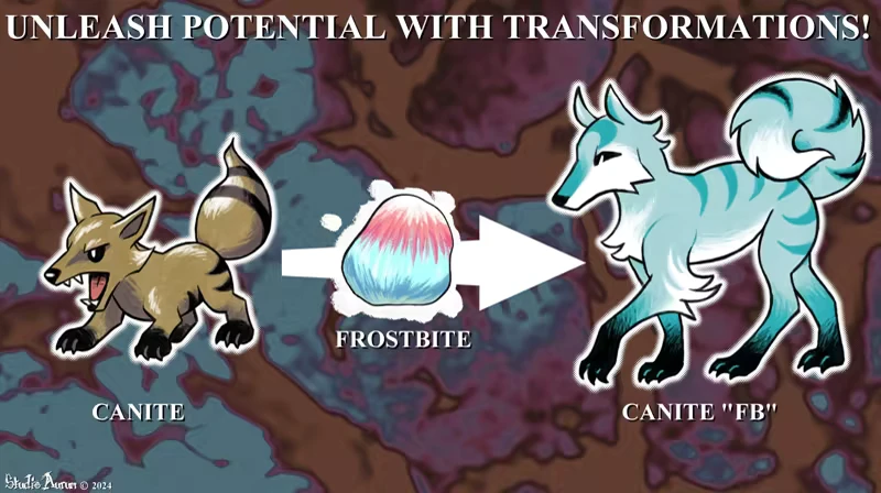 Monster Crown: Canite transforms with Frostbite into Canite "FB" on a colorful background.