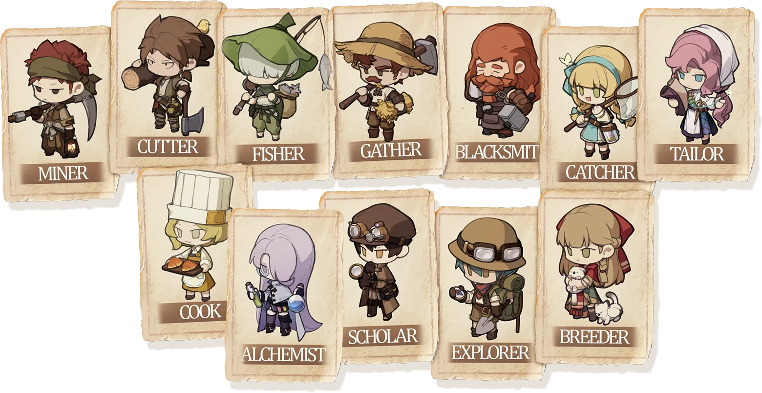 Monster Fantasy: Chibi job cards labeled Miner, Fisher, Blacksmith, Cook, Explorer, Breeder.