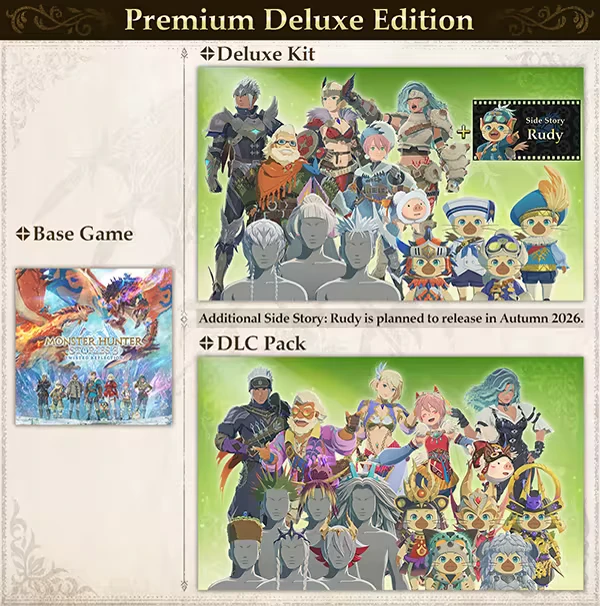 Monster Hunter Stories 3: Premium Deluxe Edition with characters, DLC pack, and side story Rudy.