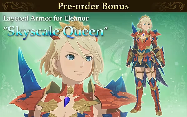 Monster Hunter Stories 3: Eleanor in red and blue armor, text "Skyscale Queen" as pre-order bonus.