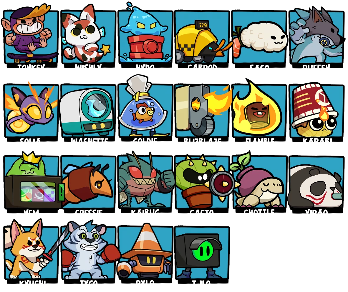 Montabi Roster Grid – Montabi Montabi: Grid of cartoon creature icons with bold white name labels on black strips.