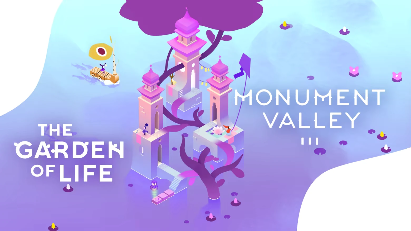 Monument Valley 3: Three pink towers with purple trees, a boat, and text "The Garden of Life".