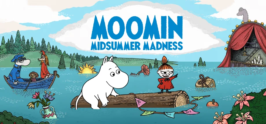 Flooded Theatre Float – Moomin: Midsummer Madness Moomin: Title text over flooded scene with Moomin and Little My on a log raft.
