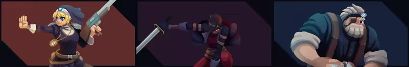 Character Lineup – Moon Watch Moon Watch: Three characters wielding weapons, including a sword and a gun, on colored backgrounds.