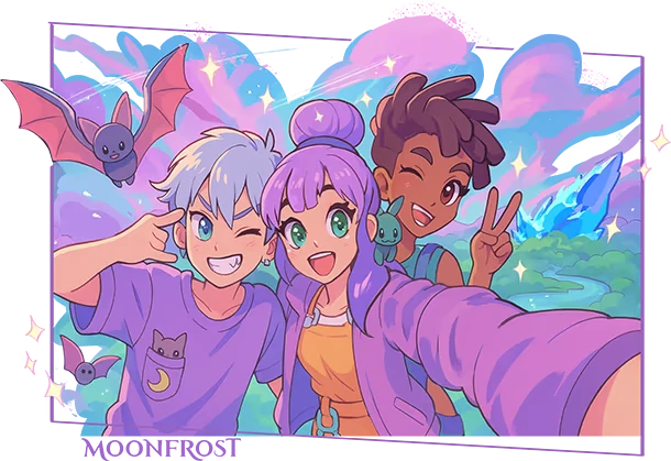 Moonfrost: Three friends pose for a selfie with bats; MOONFROST logo at bottom.