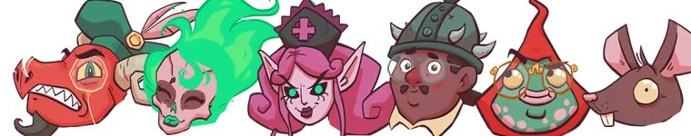 Character Portraits – Mops & Mobs: A Sweeping Dungeon Adventure Mops & Mobs: Row of cartoon monster faces, including dragon, elf nurse, frog, and rat.