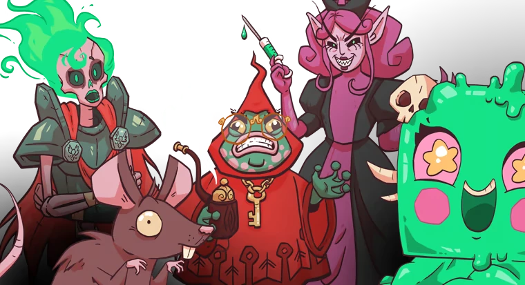 Monster Group Shot – Mops & Mobs: A Sweeping Dungeon Adventure Mops & Mobs: Cartoon monsters: green-haired skeleton, rat, robed frog, purple elf, slime.