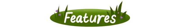 Morgan: The word "Features" in white, playful font on a green oval with grass and purple flowers.