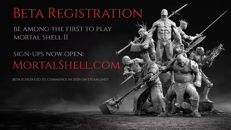 Mortal Shell II: Stone warriors with weapons, red text reads "Beta Registration" and website link.
