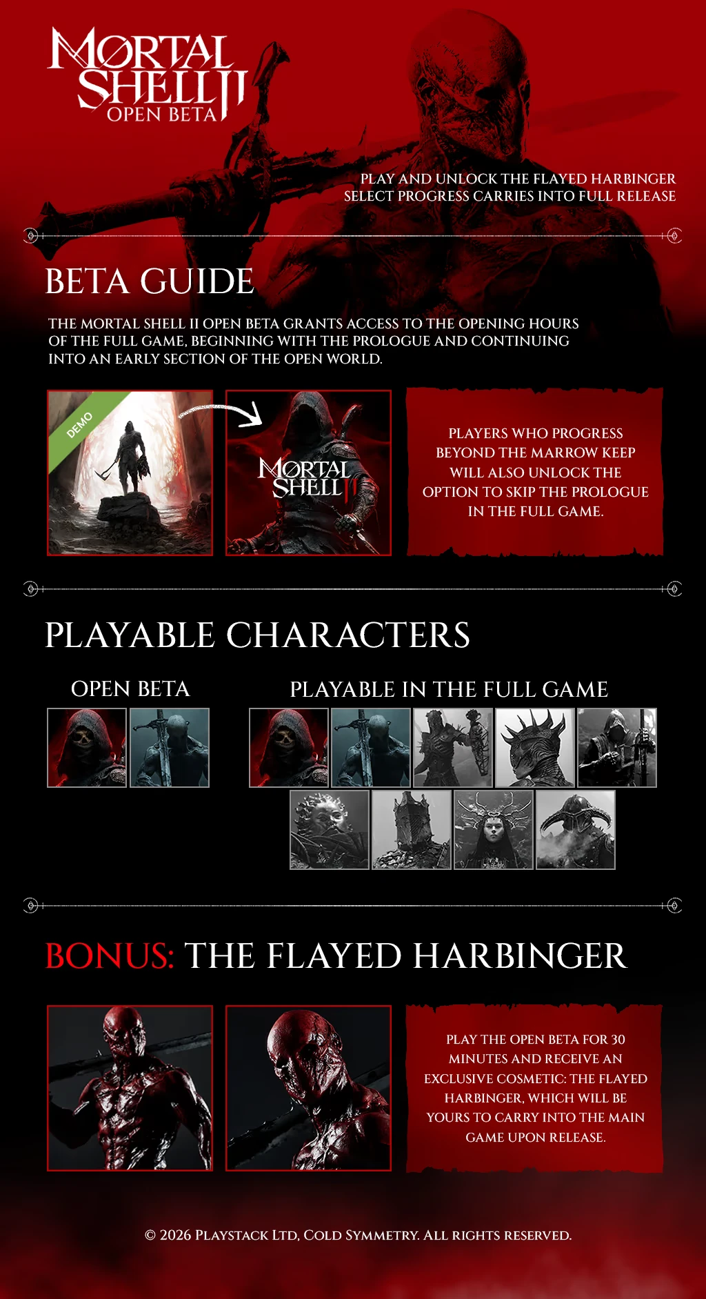 Open Beta Guide – Mortal Shell II Mortal Shell II: Red open beta poster with “Beta Guide” and character thumbnails.