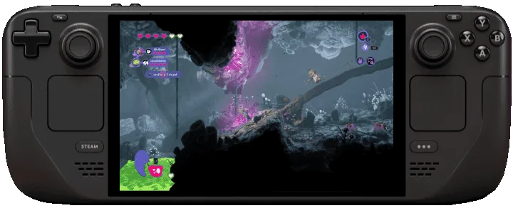 Mother Machine: Alien cave scene with pink crystals, character jumping, and heart-shaped UI icons.
