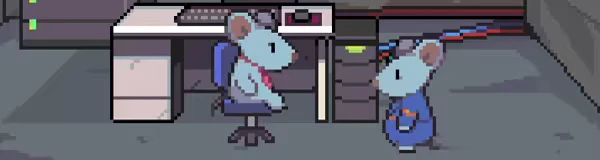 Mousebusters: Pixel mice in office, one seated at desk, one standing in blue outfit.