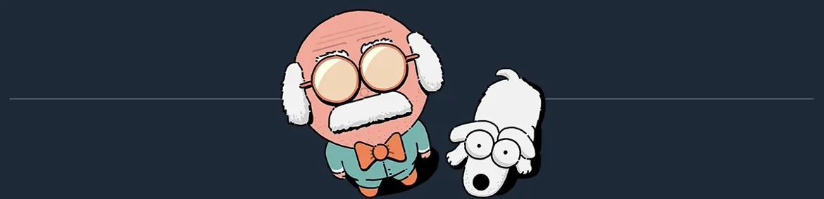 MR. RECORDS: Cartoon bald man with glasses and bow tie beside wide-eyed white dog on blue background.