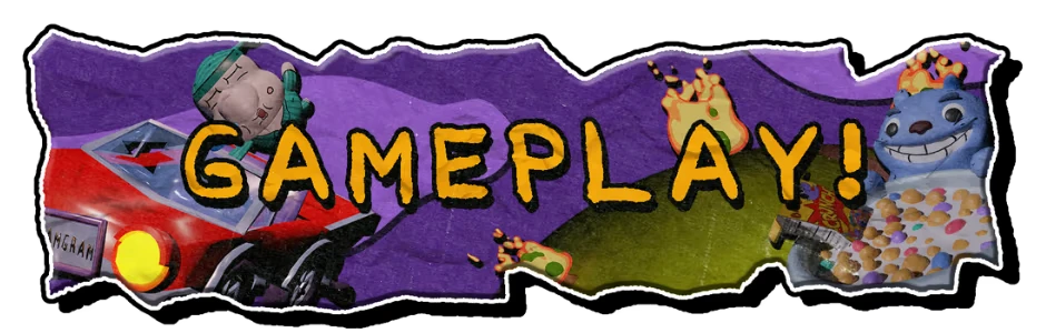 Mr. Sleepy Man: Cartoon man in car, "GAMEPLAY!" text, grinning blue creature with snacks.