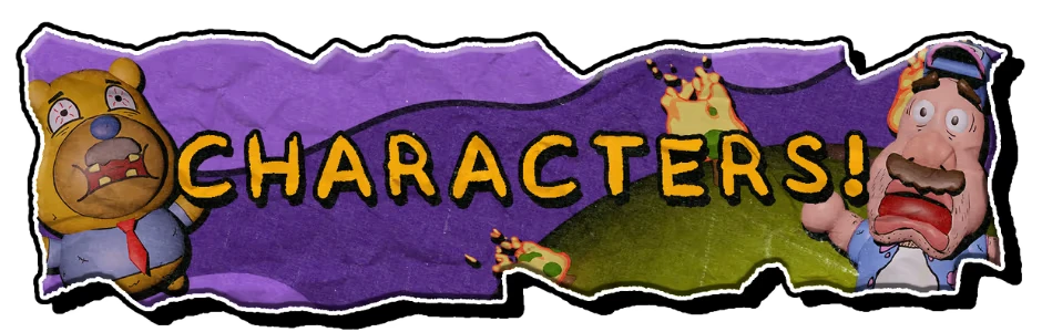 Mr. Sleepy Man: Torn paper with "CHARACTERS!" text, bear and man with shocked expressions.