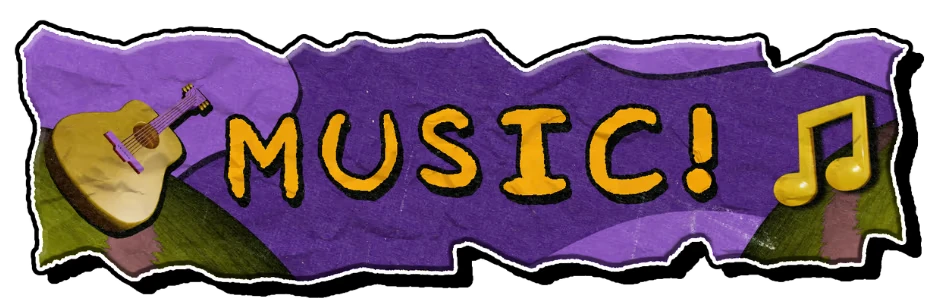 Mr. Sleepy Man: Yellow guitar, "MUSIC!" text in bold yellow, purple background, music note.