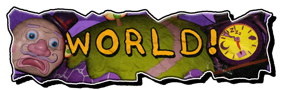 Mr. Sleepy Man: Worried face, top hat, "WORLD!" text, yellow clock with "Zzz" hands.