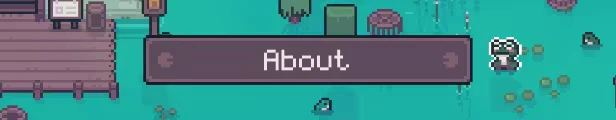Mudborne: Pixel art pond scene with "About" text, a frog, and wooden dock elements.