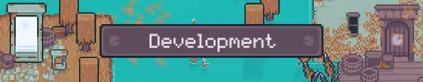 Mudborne: Pixel art scene with a "Development" sign, barrels, and a building entrance.