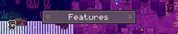 Mudborne: Pixel art scene with "Features" text, purple landscape, and a small frog character.